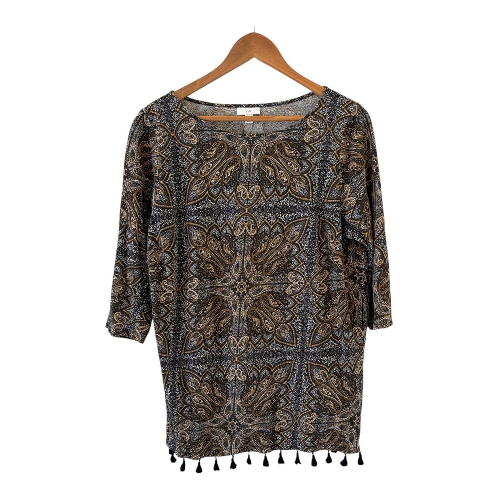 J. Jill Tassel Hem Tunic Top Womens L Petite Boho Paisley Earthy Chic 3/4 Sleeve